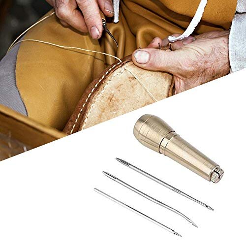 3 Needles Sewing Awl, Vintage Copper Handle Drilling Awl Hand Stitcher Shoe Repair Tool Kit for Leather Canvas Bag Heavy Fabric(Round Hole + Stra